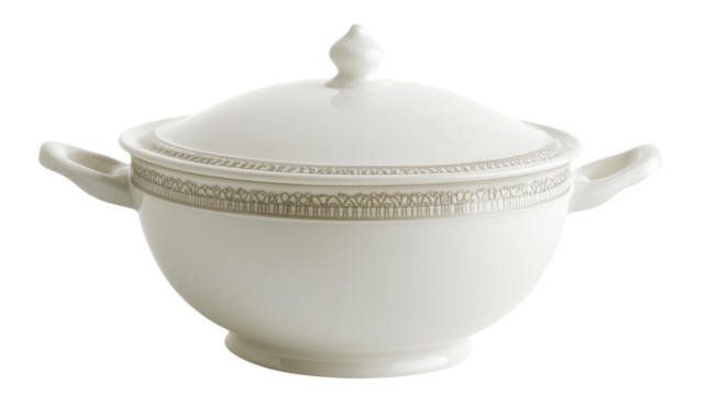 White porcelain tureen with lid and handles on transparent background