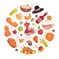 Thanksgiving Round Composition with Autumn Fest Object Vector Template