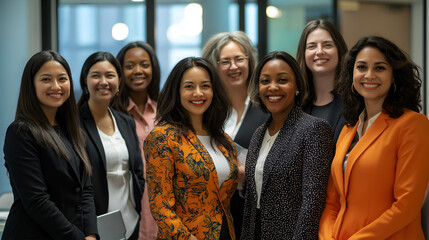 Portrait of a diverse group of smiling ethnic business women standing together in the office