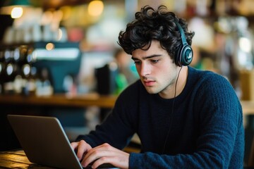 Young man with headphones uses laptop in cafe, focused on his work.