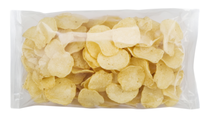 Transparent package of potato chips isolated on transparent background