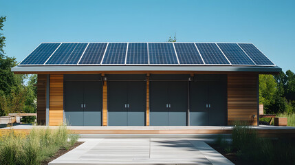 Fototapeta premium Modern smart home design with solar panels and energy storage solutions that maximize energy savings and reduce environmental impact.Modern smart home design with solar panels and energy storage solut