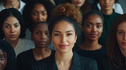 Obraz premium Portrait of a diverse group of smiling ethnic business women standing together in the office