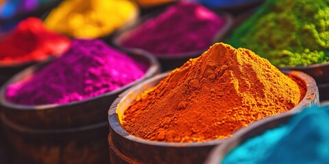 close up traditional color powders Gulal or abir in wooden bowl