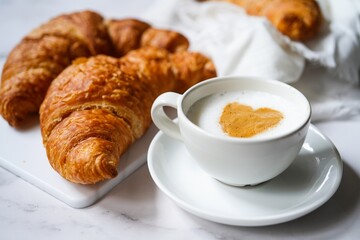 Fresh  Croissants with a cup of coffee | Valentines day breakfast