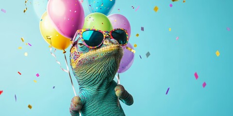 Colorful chameleon with sunglasses and balloons on pastel blue background, ideal for birthday and party themes