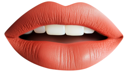 Close-up of glossy red lips on transparent background