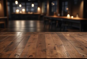 Empty wooden table top with blurred lighting in a dark environment, ambient illumination, gold accents, empty space