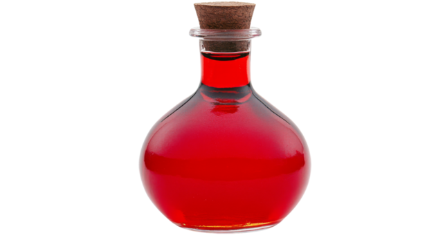Round glass flask containing red liquid on transparent background