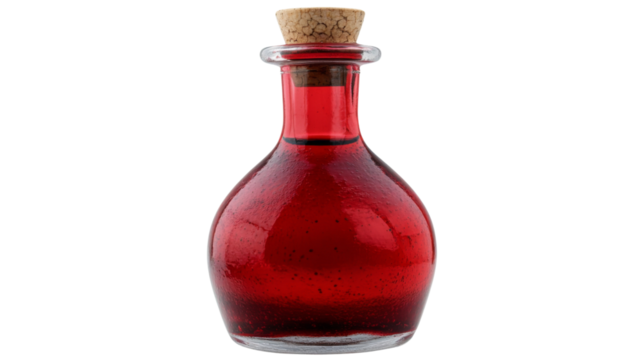 Glass bottle filled with red liquid, sealed with a cork