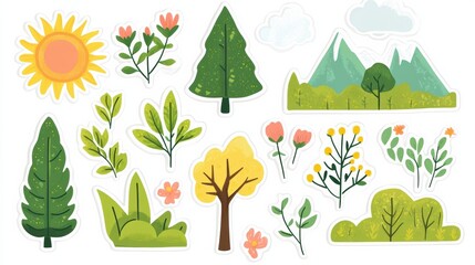 Colorful nature themed stickers featuring flowers, trees, and mountains for creative projects and decoration purposes. Generative AI