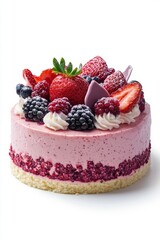 Delicious cake with fresh strawberries and mixed berries on white background, perfect for food and dessert themes