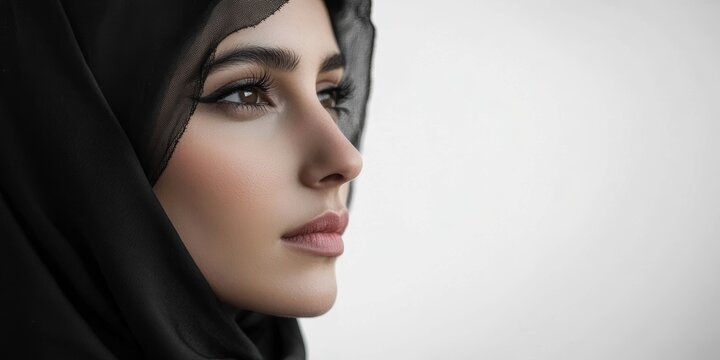 Young Muslim Woman in Hijab Looking Ahead Against White Background, potential usecase for diversity and inclusivity projects