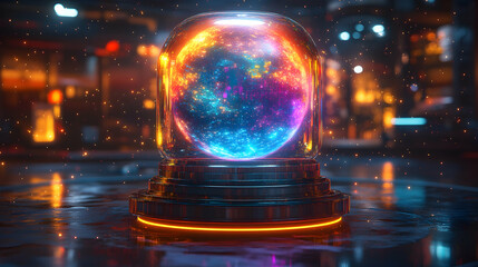 Obraz premium Glowing orb in futuristic dome, city backdrop; sci-fi concept art