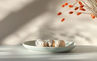 Chic mockup background with space for text featuring speckled quail eggs on a minimalist ceramic plate for a natural and organic Easter style
