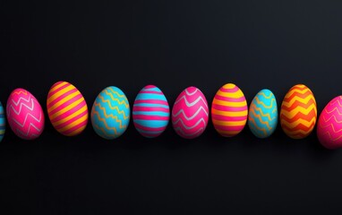 Fototapeta premium Chic mockup background with space for text featuring high-contrast neon-glowing Easter eggs arranged artistically against a sleek black backdrop for Easter