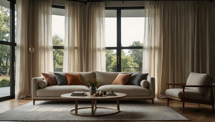 Fototapeta premium Sunlit Modern Living Room with Neutral Couch, Colorful Pillows, and Sheer Curtains
