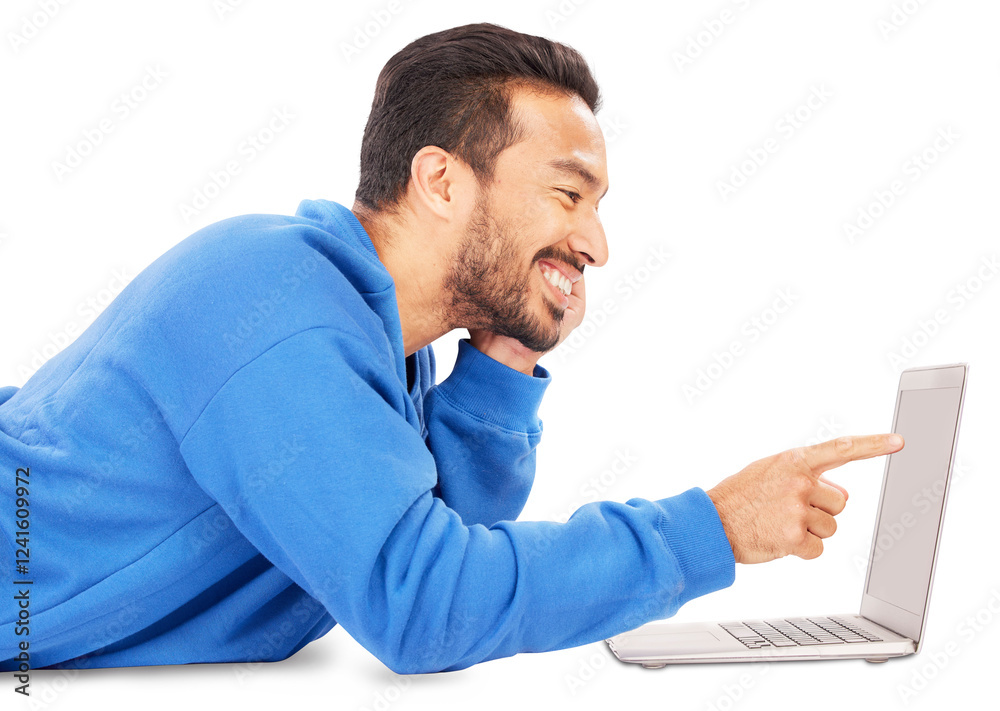 Aufkleber Laptop, smile and pointing with a young man isolated on a transparent background for web browsing. Computer, internet and research with a happy young person on PNG to search for information online