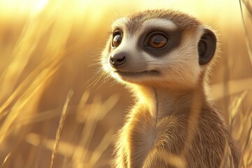 Fototapeta premium Meerkat Portrait Close Up Against Safari Background for Wildlife and Animal Encounters