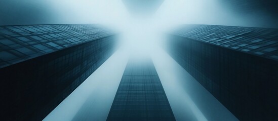 A dramatic perspective of towering skyscrapers disappearing into a foggy sky, creating a sense of mystery