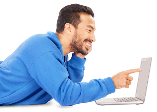 Laptop, smile and pointing with a young man isolated on a transparent background for web browsing. Computer, internet and research with a happy young person on PNG to search for information online