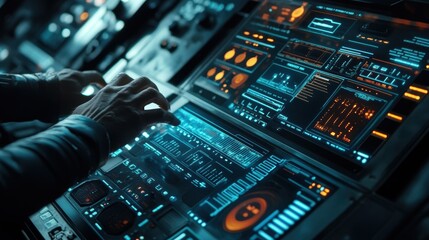 Obraz premium A dynamic view of a control panel filled with digital readouts and graphs hands adjusting s highlighting the technology that monitors the efficiency of the desalination process in realtime.