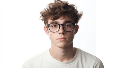 Fototapeta premium Handsome male student with curly hair and thick glasses in casual white t-shirt, displaying a nerdy look against a bright white background.