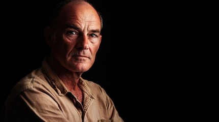 Obraz premium Mature Man with Strong Facial Features Wearing Beige Shirt Posing Against Black Background in Studio Lighting for Dramatic Portrait Photography