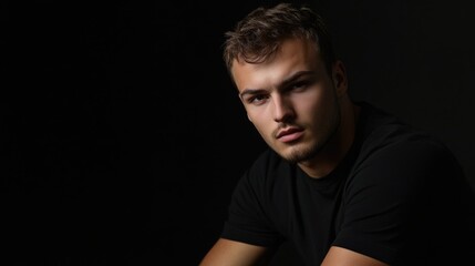 Fototapeta premium confident young adult man with tousled blonde hair wearing black t-shirt posed thoughtfully against dark black background in studio setting