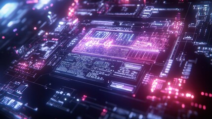 Obraz premium Complex network of circuits and components illuminating a futuristic printed circuit board - pcb - , showcasing an innovative manufacturing process with glowing lines and data streams