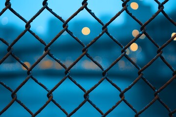 Fototapeta premium Rusty Chain Link Fence Close up with Blurred City Lights Background at Dusk