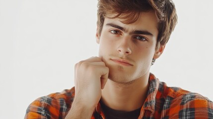 Pensive young casual man with medium brown hair and a thoughtful expression in a plaid orange and black shirt against a white background.