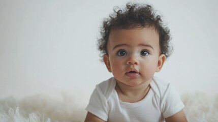 6-month-old baby with curly black hair wearing a white onesie, sitting on soft fur against a bright white background, showcasing innocence and curiosity.
