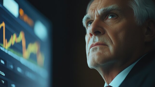 Senior businessman analyzing financial chart on monitor, contemplative expression, dark office setting, orange and green graph lines visible. - Powered by Adobe