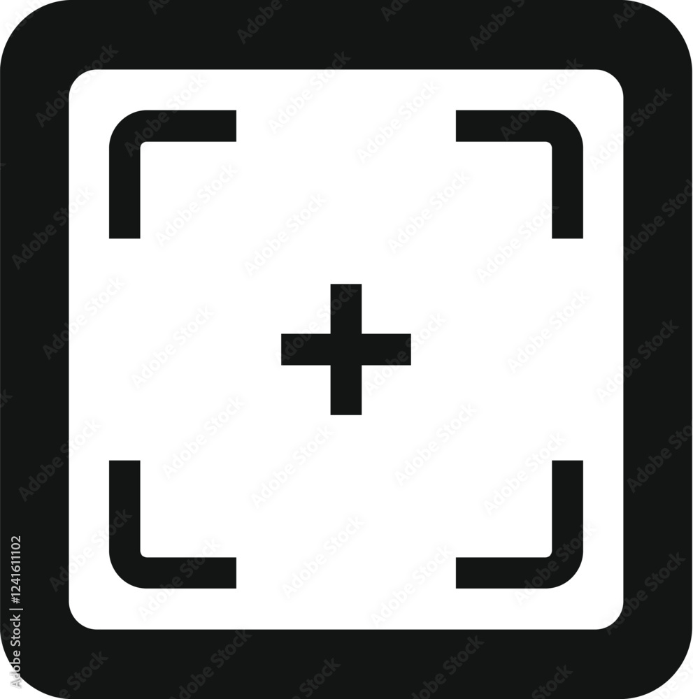 Poster simple black icon representing focus frame with centered plus sign, symbolizing target or point of i