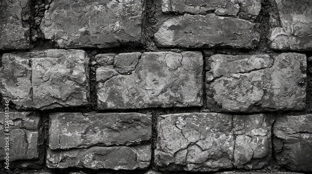 Poster Rough-hewn bricks form a richly textured wall, each piece displaying unique patterns of wear and age. The muted gray tones add to its classic yet rustic appeal, perfect for historical settings