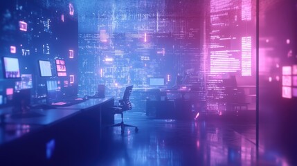 Futuristic control room showing an innovative manufacturing process management system with holographic data and code displayed in a neon lit environment. Blending technology and industry 4.0 concepts