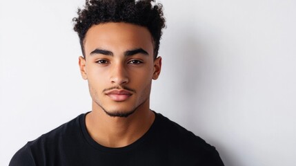 Fototapeta premium Confident young man with curly hair and an athletic build posing against a minimalist white background, showcasing a modern, stylish look.