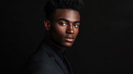 Obraz premium Elegant male portrait with dark skin and curly hair dressed in black suit against a solid black background, showcasing refined sophistication and confidence.