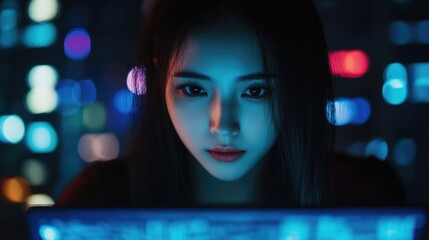 Young Asian woman focused on her laptop in a dimly lit room with blue and purple bokeh lights representing digital hacking concepts.
