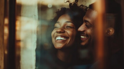 Fototapeta premium Joyful African American couple sharing a bright moment through a window with warm sunlight illuminating their radiant smiles and playful expressions.