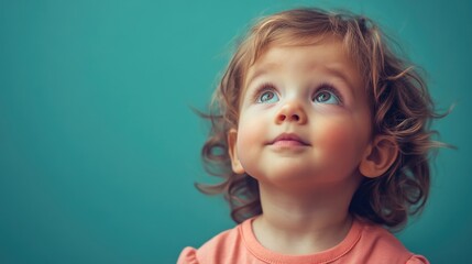 Thoughtful little girl with curly hair wearing coral pink shirt looking up against vibrant cyan aqua menthe background in studio portrait setting.