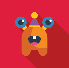 Cartoon style orange monster with big eyes, party hat, and open mouth smile on a vibrant red background © anatolir