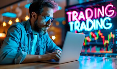 Caucasian male trader in glasses working on laptop at night, illuminated by neon trading sign and stock market charts with blue and pink lighting.