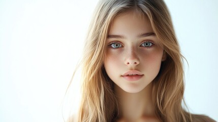 Fototapeta premium Girl teenager with long, light brown hair and blue eyes, captured in a serene portrait against a soft, white background, highlighting youthful beauty.