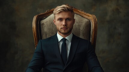 Confident young adult man with blonde hair in a formal dark suit sitting on a vintage ornate chair against a textured background in cinematic colors