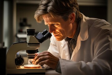 A scientist meticulously examines a sample under a microscope, engrossed in scientific research.