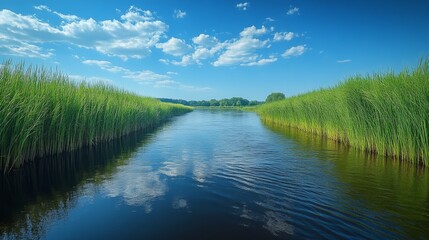 Obraz premium Tranquil River Bend with Reflecting Reeds in Nature's Serenity, Peaceful Water Scene with Tall Grasses Mirrored in the Stream, Natural Beauty of Calm River Loop in Scenic Landscape