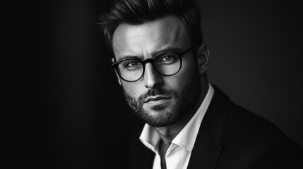 Obraz premium Stylish successful man in black suit and glasses posing in dramatic black and white portrait showcasing confidence and modern elegance