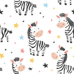 Seamless pattern of kid vector illustration with drawing monochrome cute zebra. Scandinavian background with striped zebra and stars for fabric, textile, paper, wallpaper, wrapping, greeting card